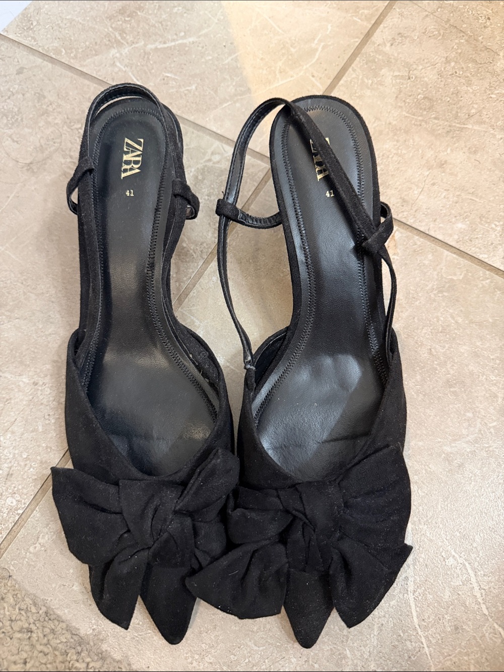 Zara Black Pointed Slingback Heels with Bow